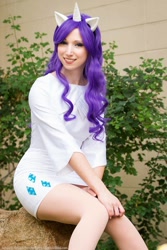 Size: 640x960 | Tagged: safe, artist:breathlessaire, rarity, human, g4, clothes, cosplay, costume, cutie mark on clothes, irl, irl human, photo, sitting