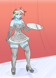 Size: 1300x1800 | Tagged: safe, artist:zachc, rainbow dash, equestria girls, g4, breasts, cleavage, clothes, dress, female, high heels, maid, rainbow maid, shoes, solo