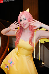 Size: 664x1000 | Tagged: safe, artist:starlighthoney, fluttershy, human, g4, armpits, bare shoulders, clothes, cosplay, costume, cutie mark on clothes, dragon con, irl, irl human, photo, sleeveless, solo