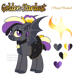 Size: 3141x3141 | Tagged: safe, artist:angie imagines, oc, oc only, oc:golden stardust, bat pony, bat pony oc, bat wings, chest fluff, choker, clothes, eyebrows, fangs, fluffy, high res, multicolored hair, nonbinary, purple eyes, reference sheet, simple background, skirt, solo, transgender, transparent background, wings