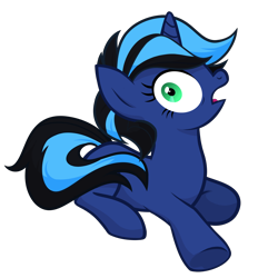 Size: 1942x2016 | Tagged: safe, artist:pandan009, oc, oc only, oc:the luna fan, pony, unicorn, full body, horn, lying down, open mouth, pinpoint eyes, prone, show accurate, shrunken pupils, simple background, solo, tail, transparent background, two toned mane, two toned tail, unicorn oc