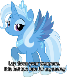 Size: 6247x7083 | Tagged: safe, artist:shootingstarsentry, idw, trixie, alicorn, pony, g4, absurd resolution, alicornified, caption, crown, dagoth ur, elder scrolls, female, idw showified, image macro, jewelry, morrowind, princess of humility, race swap, regalia, simple background, smiling, solo, talking to viewer, text, the elder scrolls, transparent background, trixiecorn, vector