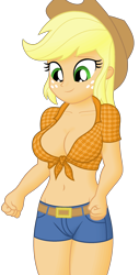 Size: 1300x2552 | Tagged: safe, artist:ah96, edit, editor:ah96, applejack, equestria girls, g4, applejack's hat, belly button, breast edit, breasts, busty applejack, cleavage, cowboy hat, female, front knot midriff, hat, midriff, ms paint, shading, simple background, smiling, transparent background