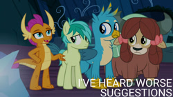 Size: 1280x720 | Tagged: safe, edit, edited screencap, editor:quoterific, screencap, gallus, sandbar, smolder, yona, dragon, earth pony, griffon, pony, yak, g4, season 9, uprooted, female, male, open mouth, open smile, smiling, stallion