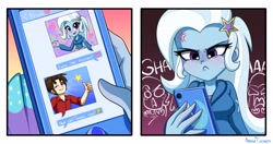 Size: 4300x2272 | Tagged: safe, artist:ameliacostanza, trixie, human, spiders and magic: rise of spider-mane, equestria girls, g4, my little pony equestria girls: better together, blushing, camera, cellphone, commission, cross-popping veins, crossover, emanata, idiot, internal screaming, marvel, oblivious, one eye closed, peter parker, phone, spider-man, trixie is not amused, unamused, vein, wink