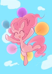 Size: 2048x2887 | Tagged: safe, artist:noupu, pinkie pie, earth pony, pony, g4, balloon, eyes closed, female, floating, happy, high res, low angle, mare, open mouth, open smile, smiling, solo, then watch her balloons lift her up to the sky
