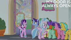 Size: 1280x720 | Tagged: safe, edit, edited screencap, editor:quoterific, screencap, berry blend, berry bliss, citrine spark, fire quacker, huckleberry, november rain, peppermint goldylinks, silverstream, starlight glimmer, earth pony, hippogriff, pegasus, pony, unicorn, g4, season 9, student counsel, butt, female, friendship student, male, mare, open mouth, open smile, plot, school of friendship, smiling, stallion