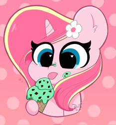 Size: 1911x2048 | Tagged: safe, artist:kittyrosie, oc, oc only, oc:rosa flame, pony, unicorn, chocolate chips, flower, flower in hair, food, heart eyes, herbivore, horn, ice cream, mint, old art, solo, tongue out, unicorn oc, wingding eyes