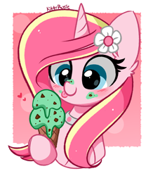 Size: 3554x4073 | Tagged: safe, artist:kittyrosie, oc, oc only, oc:rosa flame, pony, unicorn, chocolate chips, cute, flower, flower in hair, food, herbivore, horn, ice cream, mint, ocbetes, redraw, solo, tongue out, unicorn oc