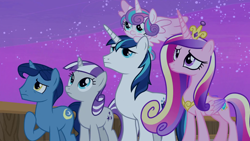 Size: 1920x1080 | Tagged: safe, screencap, night light, princess cadance, princess flurry heart, shining armor, twilight velvet, alicorn, pony, unicorn, g4, once upon a zeppelin, season 7, baby, baby pony, colored wings, concave belly, crown, father and child, father and daughter, female, filly, flurry heart riding shining armor, foal, folded wings, gradient wings, horn, jewelry, male, mare, peytral, pony hat, regalia, riding, ship:nightvelvet, ship:shiningcadance, shipping, slender, spanish description, sparkle family, stallion, straight, thin, wings