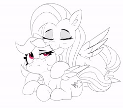 Size: 3340x2921 | Tagged: safe, artist:pabbley, fluttershy, rainbow dash, pegasus, pony, g4, biting, black and white, cuddling, ear bite, eyes closed, female, grayscale, high res, lesbian, lying down, mare, monochrome, partial color, prone, ship:flutterdash, shipping, simple background, white background