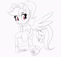 Size: 3000x2827 | Tagged: safe, artist:pabbley, rainbow dash, pegasus, pony, g4, alternate hairstyle, bag, black and white, cap, clothes, delivery pony, female, grayscale, hat, high res, hoof hold, mare, monochrome, package, partial color, ponytail, saddle bag, shoes, simple background, solo, uniform, white background