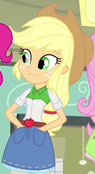 Size: 563x1028 | Tagged: safe, screencap, applejack, equestria girls, g4, my little pony equestria girls, applejack's hat, belt, clothes, cowboy hat, cutie mark on clothes, denim skirt, freckles, hand in pocket, hat, humanized, pockets, rolled up sleeves, shirt, skirt, stetson