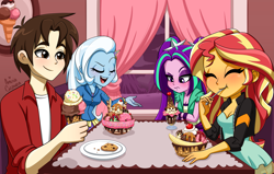 Size: 3999x2550 | Tagged: safe, artist:ameliacostanza, aria blaze, sunset shimmer, trixie, human, equestria girls, g4, blushing, cherry, commission, cookie, crossover, dick parker, eating, eyes closed, female, food, frown, high res, ice cream, male, open mouth, open smile, peter parker, smiling, spiders and magic: rise of spider-mane, spoon, sprinkles, window