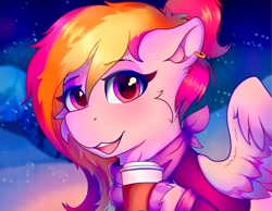 Size: 4000x3100 | Tagged: safe, artist:legionsunite, oc, oc only, oc:velvet volt, pegasus, pony, bandana, bust, clothes, coffee cup, cup, long sleeved shirt, portrait, scarf, snow, solo, winter