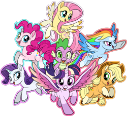 Size: 2267x2080 | Tagged: safe, artist:musical-medic, applejack, fluttershy, pinkie pie, rainbow dash, rarity, spike, twilight sparkle, alicorn, pony, g4, alternate design, barb, heterochromia, high res, mane seven, mane six, rule 63, simple background, transparent background, twilight sparkle (alicorn)