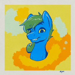 Size: 2231x2231 | Tagged: safe, artist:zombietator, oc, oc only, earth pony, pony, abstract background, bust, earth pony oc, grin, high res, signature, smiling, solo