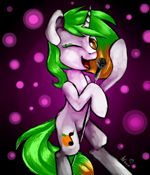 Size: 600x700 | Tagged: safe, artist:avonir, oc, oc only, pony, unicorn, abstract background, bipedal, ear fluff, eyelashes, horn, microphone, one eye closed, singing, smiling, solo, unicorn oc, wink