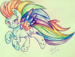 Size: 604x453 | Tagged: safe, artist:avonir, rainbow dash, pegasus, pony, g4, my little pony: friendship is magic, twilight's kingdom, backwards cutie mark, eyelashes, female, mare, rainbow power, signature, smiling, solo, traditional art