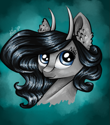 Size: 453x513 | Tagged: safe, artist:avonir, oc, oc only, pony, abstract background, bust, eyelashes, horns, smiling, solo