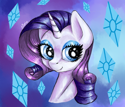 Size: 700x600 | Tagged: safe, artist:avonir, rarity, pony, unicorn, g4, abstract background, bust, eyelashes, female, makeup, mare, smiling, solo
