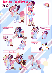 Size: 2030x2861 | Tagged: safe, artist:khimi-chan, oc, oc only, oc:neigh-apolitan, cat, changeling, changeling queen, pony, unicorn, equestria girls, g4, baby, baby pony, bow, changeling queen oc, clothes, dress, equestria girls-ified, female, hair bow, hat, high res, horn, reference sheet, unicorn oc, witch hat