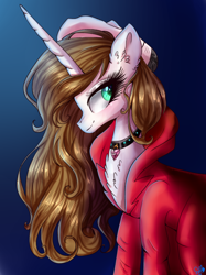 Size: 1124x1502 | Tagged: safe, artist:gihhbloonde, oc, oc only, oc:gihh bloonde, pony, unicorn, chest fluff, choker, clothes, eyelashes, female, hat, mare, smiling