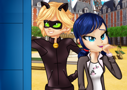 Size: 1064x754 | Tagged: safe, artist:gihhbloonde, equestria girls, g4, adrien agreste, bust, chat noir, clothes, costume, crossover, duo, equestria girls-ified, female, male, marinette dupain-cheng, mask, miraculous ladybug, outdoors, smiling