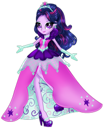 Size: 974x1190 | Tagged: safe, artist:gihhbloonde, twilight sparkle, equestria girls, g4, alternate hairstyle, base used, clothes, dress, eyelashes, female, gloves, high heels, jewelry, long gloves, makeup, shoes, simple background, smiling, solo, tiara, transparent background