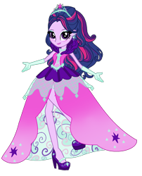 Size: 994x1230 | Tagged: safe, alternate version, artist:gihhbloonde, twilight sparkle, equestria girls, g4, alternate hairstyle, base used, clothes, dress, eyelashes, female, gloves, high heels, jewelry, long gloves, makeup, shoes, smiling, solo, tiara