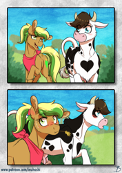 Size: 1181x1667 | Tagged: safe, artist:inuhoshi-to-darkpen, oc, oc only, oc:dottie, oc:willow wisp, cow, earth pony, pony, blushing, cottagecore, cow oc, crotchboobs, duo, earth pony oc, implied interspecies, implied lesbian, implied shipping, nudity, parent:apple fritter, parent:daisy jo, parent:meadow song, parents:meadowfritter, straw in mouth, teats, udder