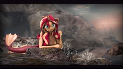 Size: 9600x5400 | Tagged: safe, artist:imafutureguitarhero, sunset shimmer, mermaid, unicorn, anthro, g4, 3d, absurd resolution, arm freckles, black bars, cave, chest freckles, chromatic aberration, claws, colored eyebrows, colored eyelashes, ear freckles, female, film grain, fish tail, floppy ears, freckles, hair grab, letterboxing, long hair, long mane, looking at you, mare, mermaid tail, mermaidized, multicolored hair, multicolored mane, nose wrinkle, ocean, outdoors, peppered bacon, raised eyebrow, revamped anthros, revamped ponies, rock, ship, shipwreck, shore, signature, sky, smiling, solo, source filmmaker, species swap, splash, tail, wall of tags, water, wet