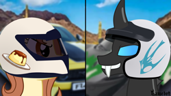 Size: 1920x1080 | Tagged: safe, artist:tcgamebot, oc, oc only, oc:changelink, oc:flani bainilye, changeling, earth pony, pony, car, competition, desert, female, ford mustang, helmet, lamborghini, looking at each other, looking at someone, mare, race, smiling