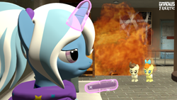 Size: 3413x1920 | Tagged: safe, artist:gradiusfanatic, pound cake, pumpkin cake, trixie, pegasus, pony, unicorn, g4, 3d, alternate hairstyle, babysitter trixie, clothes, female, fire, hoodie, male, source filmmaker, this will not end well