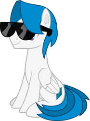 Size: 983x1313 | Tagged: safe, artist:frownfactory, oc, oc only, oc:stratagem, pegasus, pony, 2022 community collab, derpibooru community collaboration, .svg available, blue mane, ear fluff, folded wings, full body, male, pegasus oc, purple eyes, show accurate, simple background, sitting, smiling, solo, stallion, sunglasses, svg, tail, transparent background, two toned tail, vector, wings