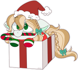 Size: 827x739 | Tagged: safe, artist:jetjetj, oc, pony, box, candy, candy cane, christmas, clothes, female, food, hat, holiday, mare, mouth hold, pony in a box, present, santa hat, simple background, socks, solo, starry eyes, striped socks, transparent background, wingding eyes