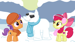 Size: 1280x720 | Tagged: safe, artist:mlplary6, apple bloom, tender taps, earth pony, pony, g4, christmas, colt, female, filly, holiday, male, ship:tenderbloom, shipping, snow, snowman, straight