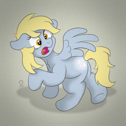 Size: 682x683 | Tagged: safe, artist:doodledonutart, derpy hooves, pegasus, pony, g4, butt, female, floppy ears, full body, looking back, mare, open mouth, plot, shadow, solo, spread wings, tail, wings
