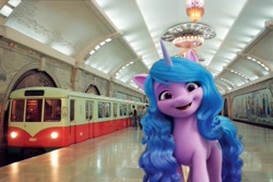 Size: 1024x683 | Tagged: safe, edit, izzy moonbow, pony, unicorn, g5, my little pony: a new generation, adventure in the comments, cute, female, irl, izzybetes, mare, metro, north korea, photo, ponies in real life, pyongyang, pyongyang metro, subway, train