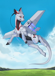 Size: 3273x4500 | Tagged: safe, artist:shchavel, oc, oc only, oc:xr-47 primax, original species, plane pony, pony, robot, robot pony, absurd file size, cloud, colored belly, colored pupils, commission, dark belly, day, female, fire, flying, glowing, glowing eyes, long tail, looking back, mare, outdoors, plane, red eyes, sky, slender, smiling, smirk, solo, tail, thin, xenestra corporation