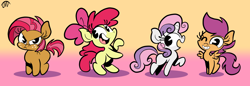 Size: 2048x702 | Tagged: safe, artist:jwcartoonist, apple bloom, babs seed, scootaloo, sweetie belle, earth pony, pegasus, pony, unicorn, g4, adorababs, adorabloom, adoragrumpy, angry, apple bloom's bow, babs seed is not amused, blank flank, bow, chibi, cute, cutealoo, cutie mark crusaders, diasweetes, female, filly, freckles, hair bow, happy, madorable, one eye closed, one of these things is not like the others, spread wings, wings