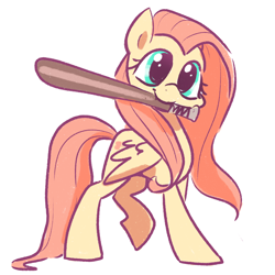 Size: 2048x2048 | Tagged: safe, artist:pfeffaroo, fluttershy, pegasus, pony, g4, baseball bat, cute, high res, mouth hold, pun, shyabetes, simple background, solo, visual pun, white background