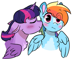Size: 1161x956 | Tagged: safe, artist:moccabliss, rainbow dash, twilight sparkle, alicorn, pegasus, pony, g4, blushing, chest fluff, cropped, cute, dashabetes, eye clipping through hair, eyebrows, eyebrows visible through hair, eyes closed, female, floppy ears, fluffy, flustered, lesbian, mare, neck fluff, nuzzling, ship:twidash, shipping, simple background, surprised, twilight sparkle (alicorn), wavy mouth, white background, wide eyes, wings