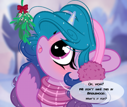 Size: 2195x1864 | Tagged: safe, artist:emberslament, izzy moonbow, pony, unicorn, g5, my little pony: a new generation, :p, clothes, cute, dialogue, earmuffs, female, heart eyes, izzybetes, looking at something, looking up, mare, mistletoe, scarf, solo, sparkly mane, speech bubble, text, this will end in kisses, tongue out, unshorn fetlocks, wingding eyes