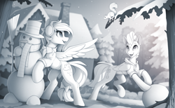 Size: 2400x1474 | Tagged: safe, artist:yakovlev-vad, oc, oc only, oc:bay breeze, oc:swift apex, pegasus, pony, squirrel, bipedal, clothes, duo, earmuffs, folded wings, forest, hoodie, house, lacrimal caruncle, monochrome, open mouth, open smile, patreon, patreon reward, scarf, slender, smiling, snow, snowman, spread wings, thin, tree, wings