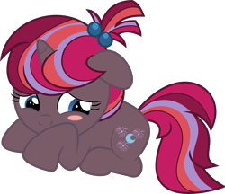 Size: 6995x6039 | Tagged: safe, artist:shootingstarsentry, oc, oc only, oc:nightingale (shootingstarsentry), pony, unicorn, absurd resolution, blue eyes, blushing, ears back, female, filly, full body, horn, looking down, lying down, multicolored mane, multicolored tail, offspring, parent:moondancer, parent:shadow lock, parents:shadowdancer, prone, simple background, solo, tail, transparent background, unicorn oc, vector