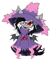 Size: 1226x1432 | Tagged: safe, artist:arctic-fox, oc, oc:stormdancer, bat pony, mismagius, undead, vampire, vampony, bipedal, chibi, clothes, cosplay, costume, cute, halloween, holiday, looking up, pokémon, red eyes, simple background, smiling, solo, sticker, transparent background
