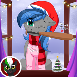 Size: 939x939 | Tagged: safe, artist:joaothejohn, oc, oc only, oc:bibbo, oc:winged beer, pegasus, pony, baseball bat, christmas, christmas tree, clothes, curtains, cute, hat, holiday, looking at you, pegasus oc, scarf, smiling, smirk, snow, sweater, tree, winbbo, window, wings