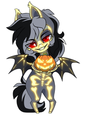 Size: 1005x1438 | Tagged: safe, artist:arctic-fox, oc, oc:stormdancer, bat pony, undead, vampire, vampony, bipedal, bodypaint, chibi, cute, glowing, glowing eyes, halloween, holiday, looking at you, pumpkin, red eyes, simple background, smiling, solo, sticker, transparent background