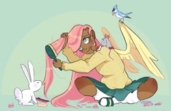 Size: 2311x1500 | Tagged: safe, artist:stevetwisp, angel bunny, fluttershy, bird, blue jay, human, mouse, rabbit, g4, animal, brush, brushing, comb, dark skin, hairbrush, humanized, scrunchie, smiling, spread wings, winged humanization, wings